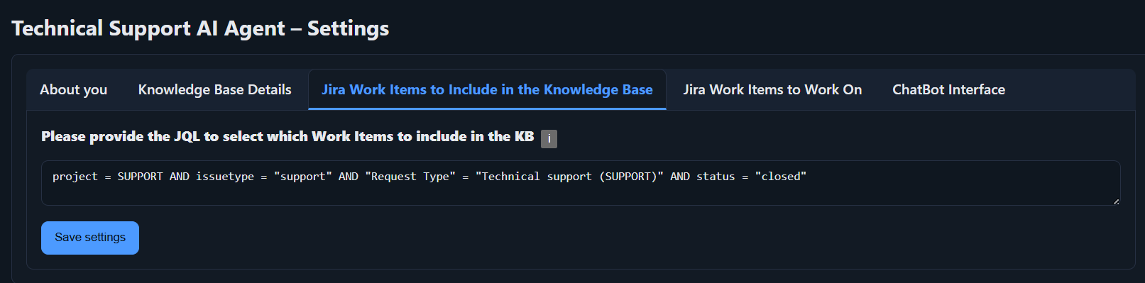 Section for adding Jira work items to the Knowledge Base
