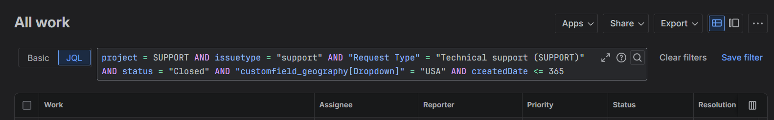 Example JQL as written in Jira